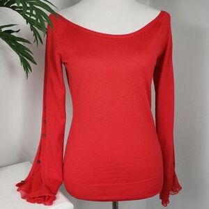 Oscar de la Renta Red Off-Shoulder w/ Silk Ruffled Sleeves, Cuffs & Buttons